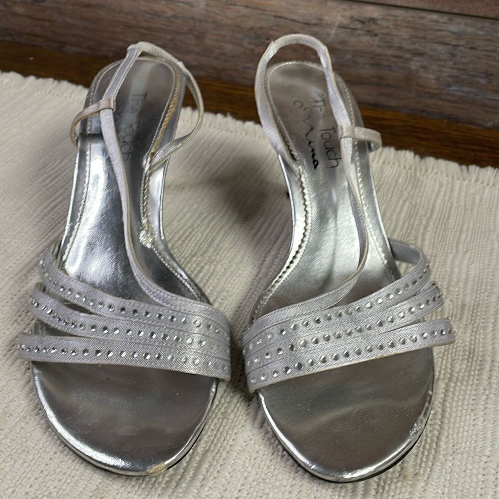 The Touch of Nina Strappy Heels, Size 7, Silver with Rhinestones